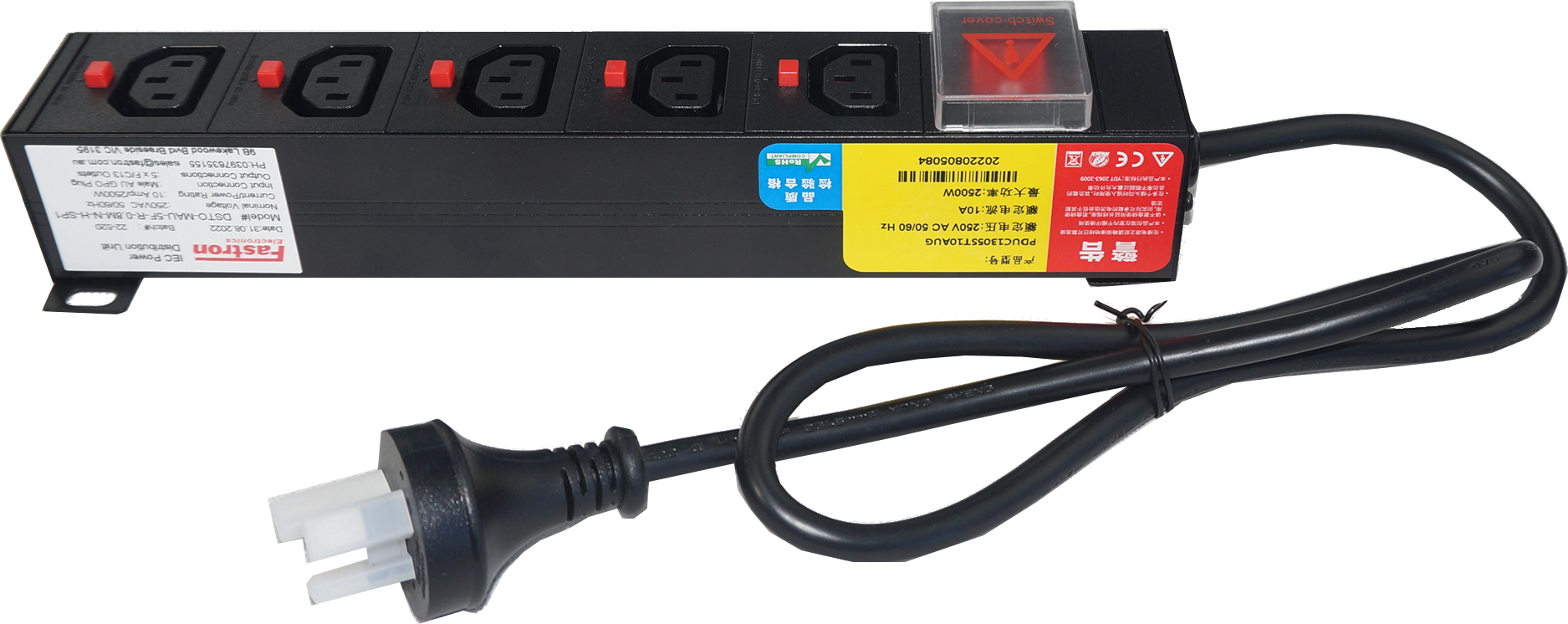 DSTO-MAU-5F-R-0.8M-N-H-SP1, Power Distribution Unit (PDU) with IEC Inlet Male AU Plug via 10.5M Cable, to 5 x F/C13 Outlet, 240VAC @ 10 Amp with Rocker Switch, Rack Mounted, with Overload Protection, MOQ = 10pcs, Metal Construction DSTO-MAU-5F-R-0.8M-N-H-SP1, Power Distribution Unit (PDU) with IEC Inlet Male AU Plug via 10.5M Cable, to 5 x F/C13 Outlet, 240VAC @ 10 Amp with Rocker Switch, Rack Mounted, with Overload Protection, MOQ = 10pcs, Metal Construction